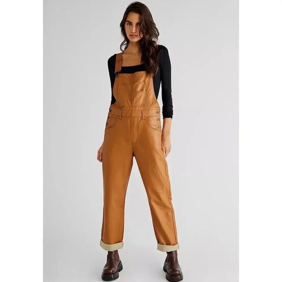 NWT Free People Ziggy Overalls Jumpsuit Vegan Leather Camel Brown - Picture 1 of 8